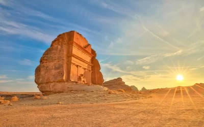 Hegra desert of AlUla, Saudi Arabia, bathed in the warm glow of the setting sun