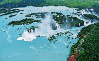 Iguazu waterfalls from helicopter. Border of Brazil and Argentina.
