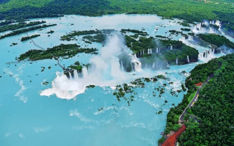 Iguazu waterfalls from helicopter. Border of Brazil and Argentina.