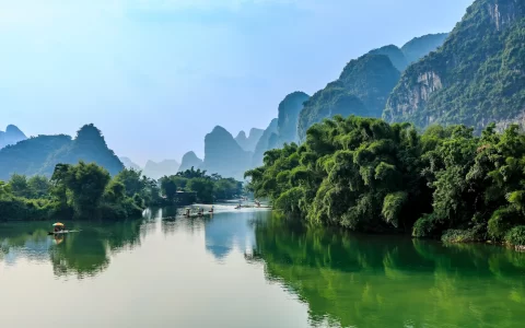 View of the Li River (Lijiang River) scenic karst mountains at Yangshuo County of Guilin, China.