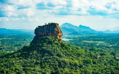 Spectacular view of the Lion rock surrounded by green rich vegetation. Picture taken from Pidurangala Rock in Sigiriya, Sri Lanka.