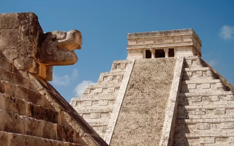 Mayan Pyramid of Kukulkan El Castillo as seen from the Platform of the Eagles and the Jaguars, Chichen Itza, Mexico.