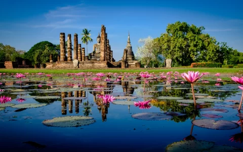 Old Sitting Buddha in an open chapel reflects on the pond filled with colorful water lily in the morning sun against beautiful blue sky.