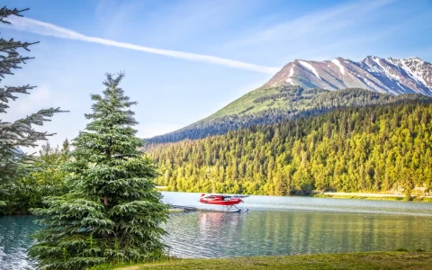 Red float plane parked on the waters of Upper Trail Lake on the Kenai Peninsula of Alaska USA
