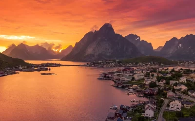 Riene fishing village at sunset in Lofoten, Norway