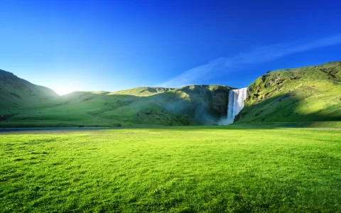 Skogarfoss waterfall and summer sunny day, Iceland