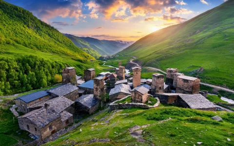 Ushguli village at sunset in Svaneti, Georgia.