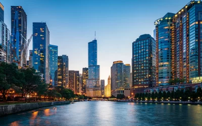 Chicago Riverwalk at sunset