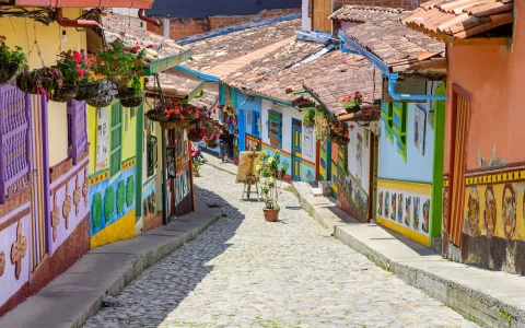 colorful street of guatape colonial town, colombia