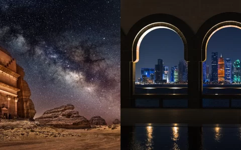 Al Ula, Saudi Arabia, during the night e Doha Skyline at night