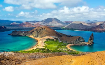 View of two beaches on Bartolome Island in the Galapagos Islands in Ecuador