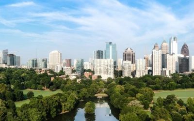 Atlanta Skyline with lake Lake Clara