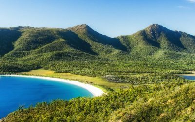 Wineglass Bay on the Freycinet Peninsula in North East Tasmania on a clear sunny day.
