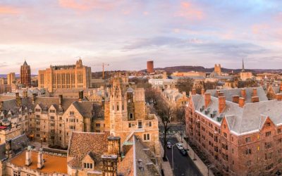 Historical building and Yale university campus in downtown New Haven CT, USA