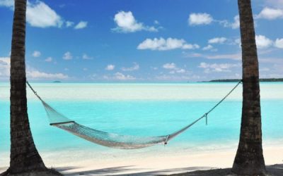 A Hammock hanging from palm trees, the shade of Coconut Palms beside a perfect turquoise lagoon beach ocean on a paradise vacation