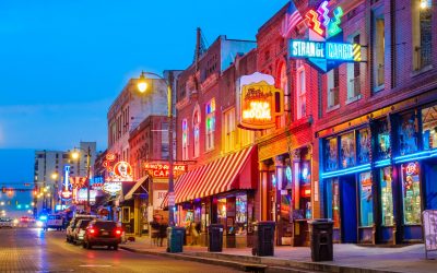 Beale Street Music District in Memphis Tennessee USA Photo of colorful cafe bars at the iconic Beale Street music and entertainment district of downtown Memphis, Tennessee, USA, illuminated at night.