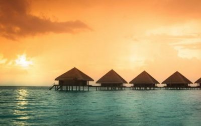Over water bungalows with steps into amazing green lagoon