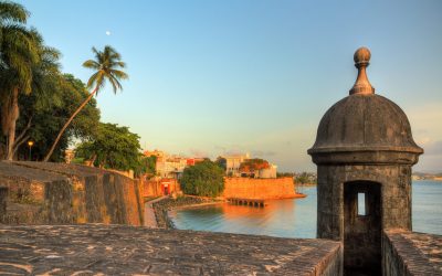 Beautiful summer afternoon at the outer wall with sentry box of fort San Felipe del Morro in old San Juan in Puerto Rico