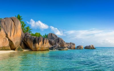 tropical anse source d'argent beach on la digue island seychelles