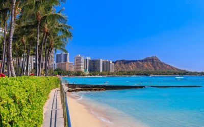 Panoramic view of Waikiki Beach and Diamond Head in Honolulu, Hawaii, USA