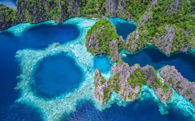 Coron, Palawan, Philippines, aerial view of beautiful lagoons and limestone cliffs.