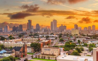 New Orleans, Louisiana, USA downtown skyline at dusk.