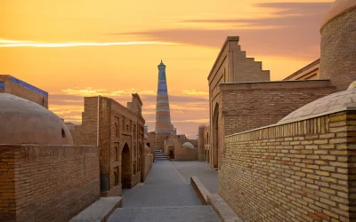 Old town Khiva at the sunrise with Islam Khoja Minaret in the background, Uzbekistan