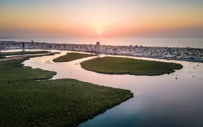 Aerial view of Ras al Khaimah emirate in the United Arab Emirates skyline at sunset