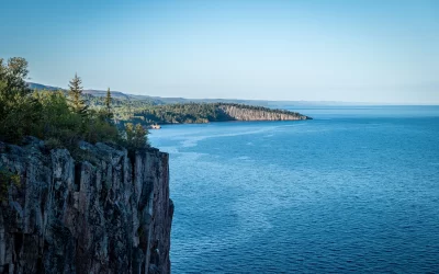 Beautiful landscape along the north shore of Lake Superior in Minnesota, from Palisade Head, a natural sheer cliff at the edge of the blue water.
