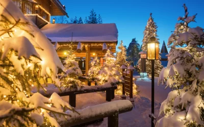 Winter night view of Santa Claus Village in Rovaniemi in Lapland in Finland.