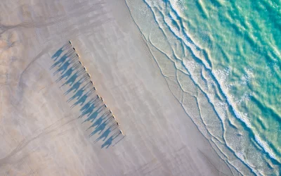 Camels walking along the beach during sunset, Cable Beach, Broome, Australia taken by a Drone