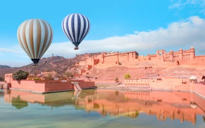 Hot air Balloon flying over Amer (Amber) Fort - Jaipur Rajasthan, india