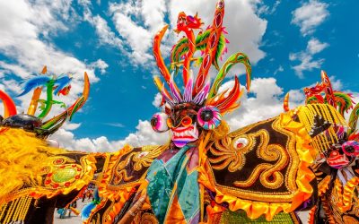 Dancers in typical costumes for the festival of the Virgin of Candelaria in Puno, Peru.