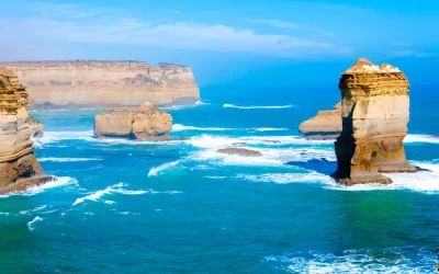 The Twelve Apostles, a famous collection of limestone stacks off the shore of the Port Campbell National Park, by the Great Ocean Road in Victoria, Australia