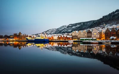 Famous Bryggen street with wooden colored houses in Bergen, Norway