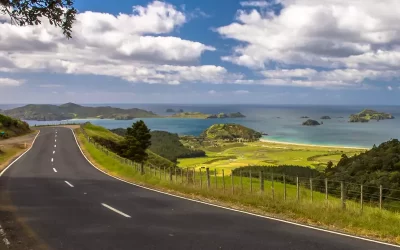 blue sea with tropical islands at Bay of Islands, Northland, New Zealand