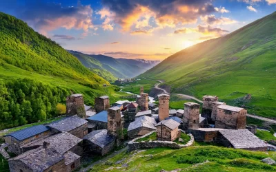 Ushguli village at sunset in Svaneti, Georgia.