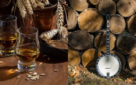 Hero image with galss of bourbon and banjo bluegrass
